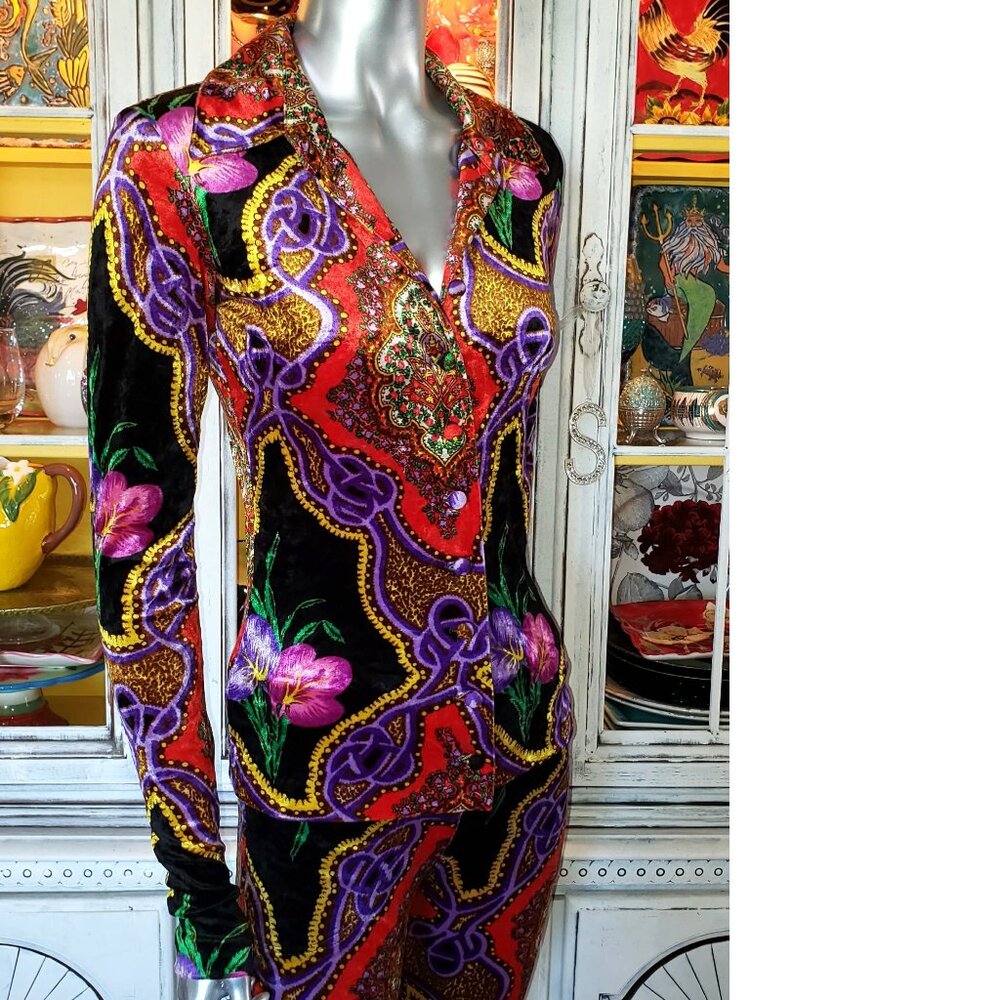 Vintage Betsey Johnson Floral Leopard Stretch Velvet Jeans Pants Dress Top Shirt - Picture 10 of 16